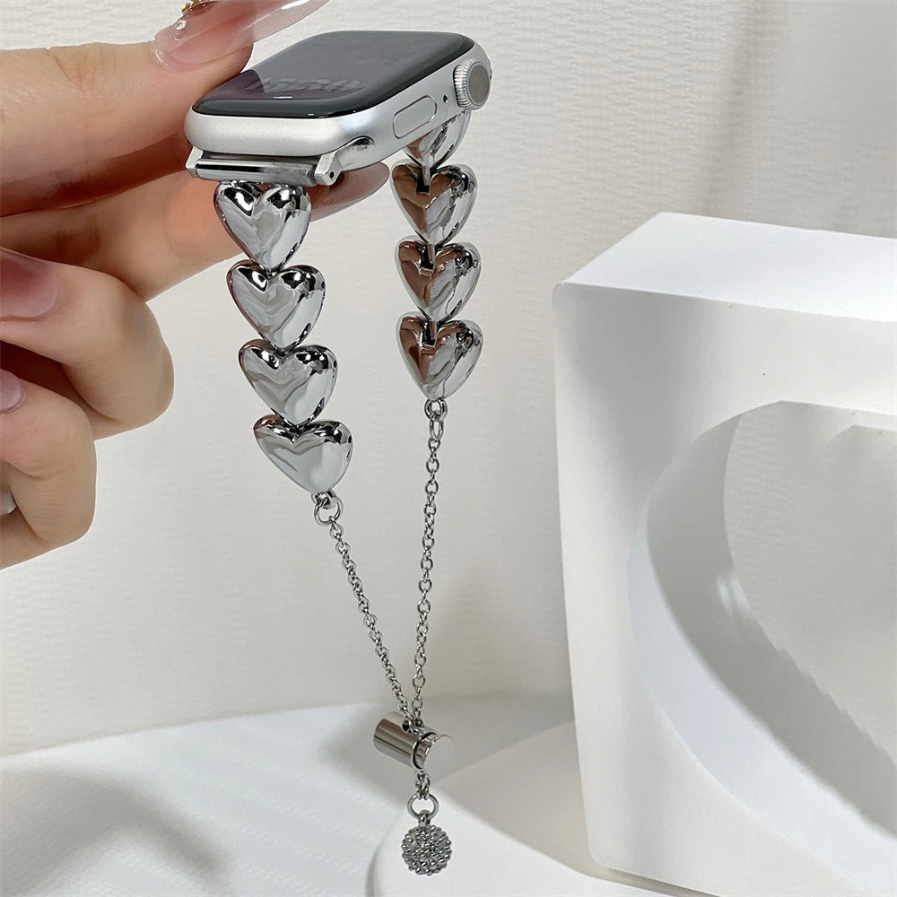 Iwatch Strap Luxury Metal 3D Love Heart Strap For Apple Watch 10 9 8 7 6 SE Stainless Steel Band For iWatch Band 41 45 38mm 40mm 44 42 49