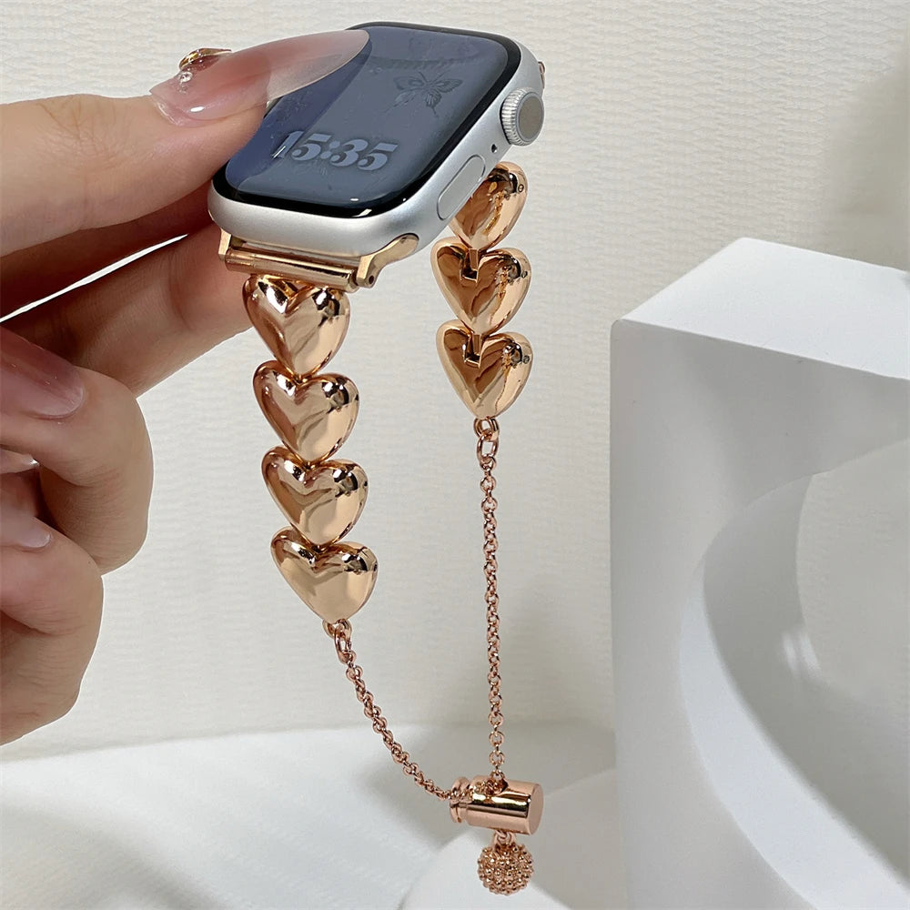 Iwatch Strap Luxury Metal 3D Love Heart Strap For Apple Watch 10 9 8 7 6 SE Stainless Steel Band For iWatch Band 41 45 38mm 40mm 44 42 49