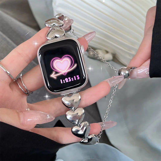 Iwatch Strap Luxury Metal 3D Love Heart Strap For Apple Watch 10 9 8 7 6 SE Stainless Steel Band For iWatch Band 41 45 38mm 40mm 44 42 49