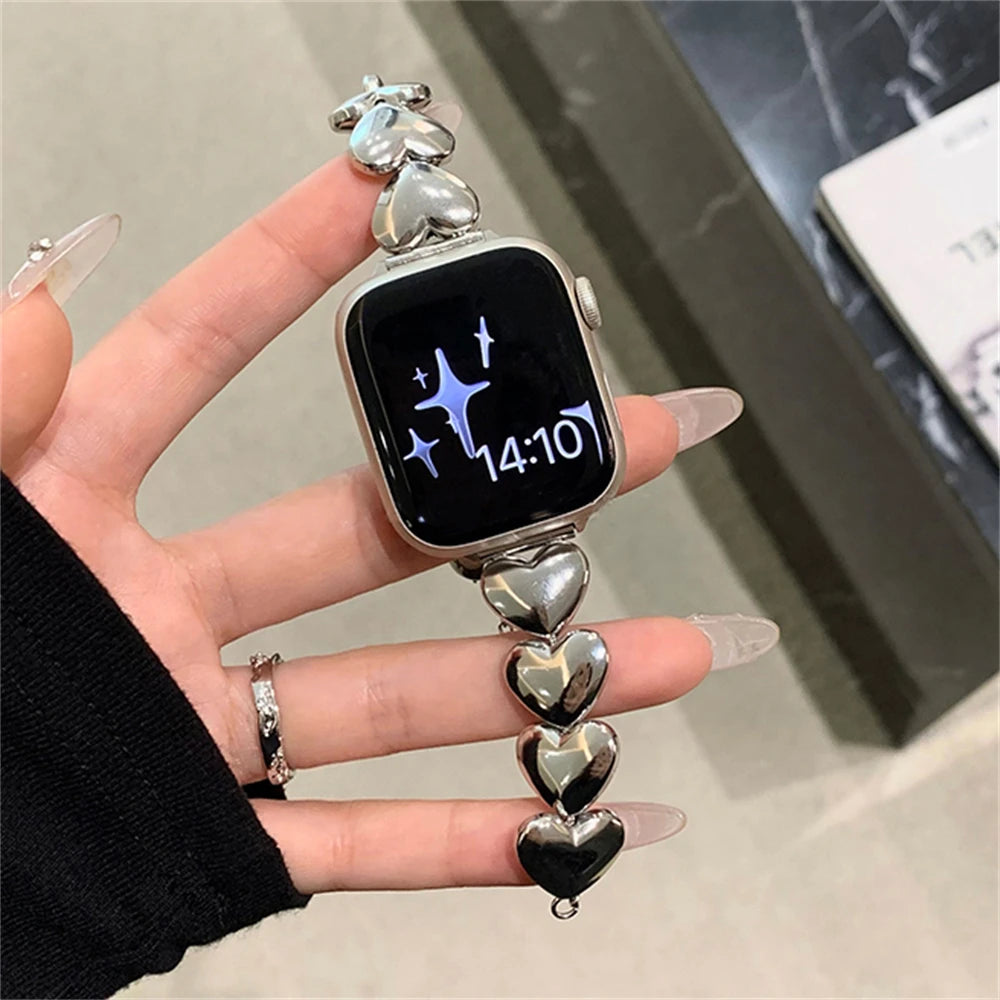 Iwatch Strap Luxury Metal 3D Love Heart Strap For Apple Watch 10 9 8 7 6 SE Stainless Steel Band For iWatch Band 41 45 38mm 40mm 44 42 49
