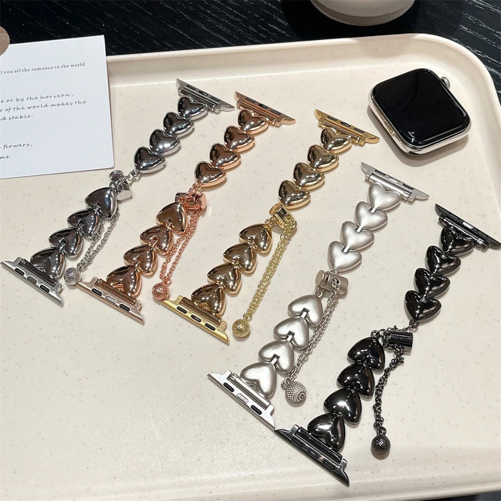 Iwatch Strap Luxury Metal 3D Love Heart Strap For Apple Watch 10 9 8 7 6 SE Stainless Steel Band For iWatch Band 41 45 38mm 40mm 44 42 49