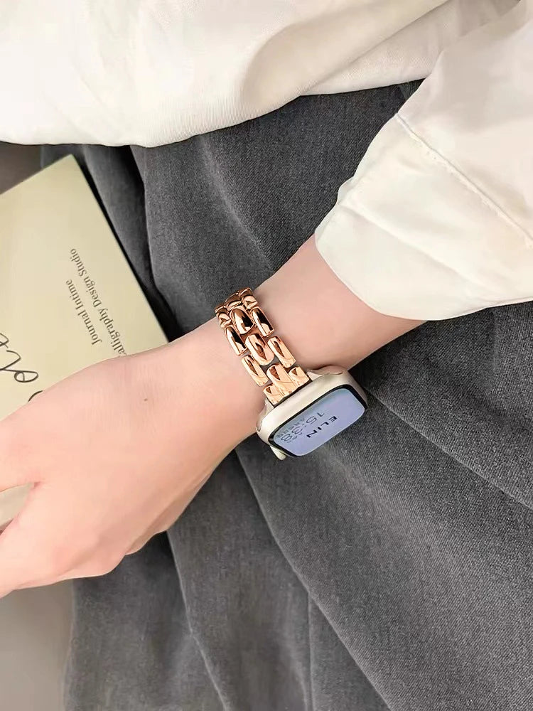 Slim Metal Wrist Bracelet for Apple Watch Band 40mm 38 41 44 45 49 42mm Fashion Rose Gold Strap for iWatch Series 9 8 7 6 5 4 SE