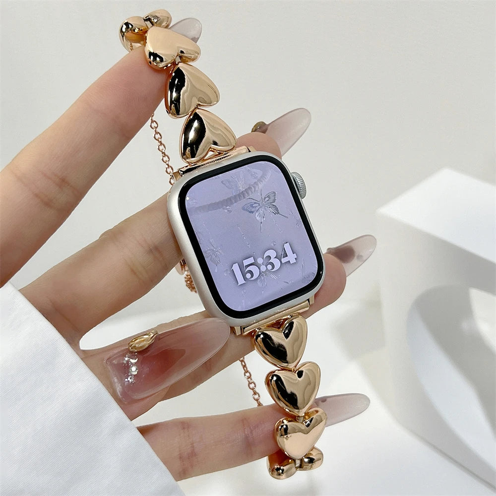 Iwatch Strap Luxury Metal 3D Love Heart Strap For Apple Watch 10 9 8 7 6 SE Stainless Steel Band For iWatch Band 41 45 38mm 40mm 44 42 49