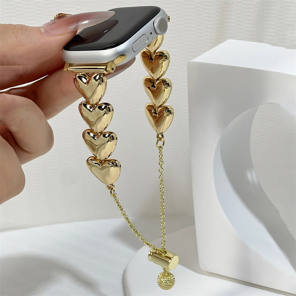 Iwatch Strap Luxury Metal 3D Love Heart Strap For Apple Watch 10 9 8 7 6 SE Stainless Steel Band For iWatch Band 41 45 38mm 40mm 44 42 49