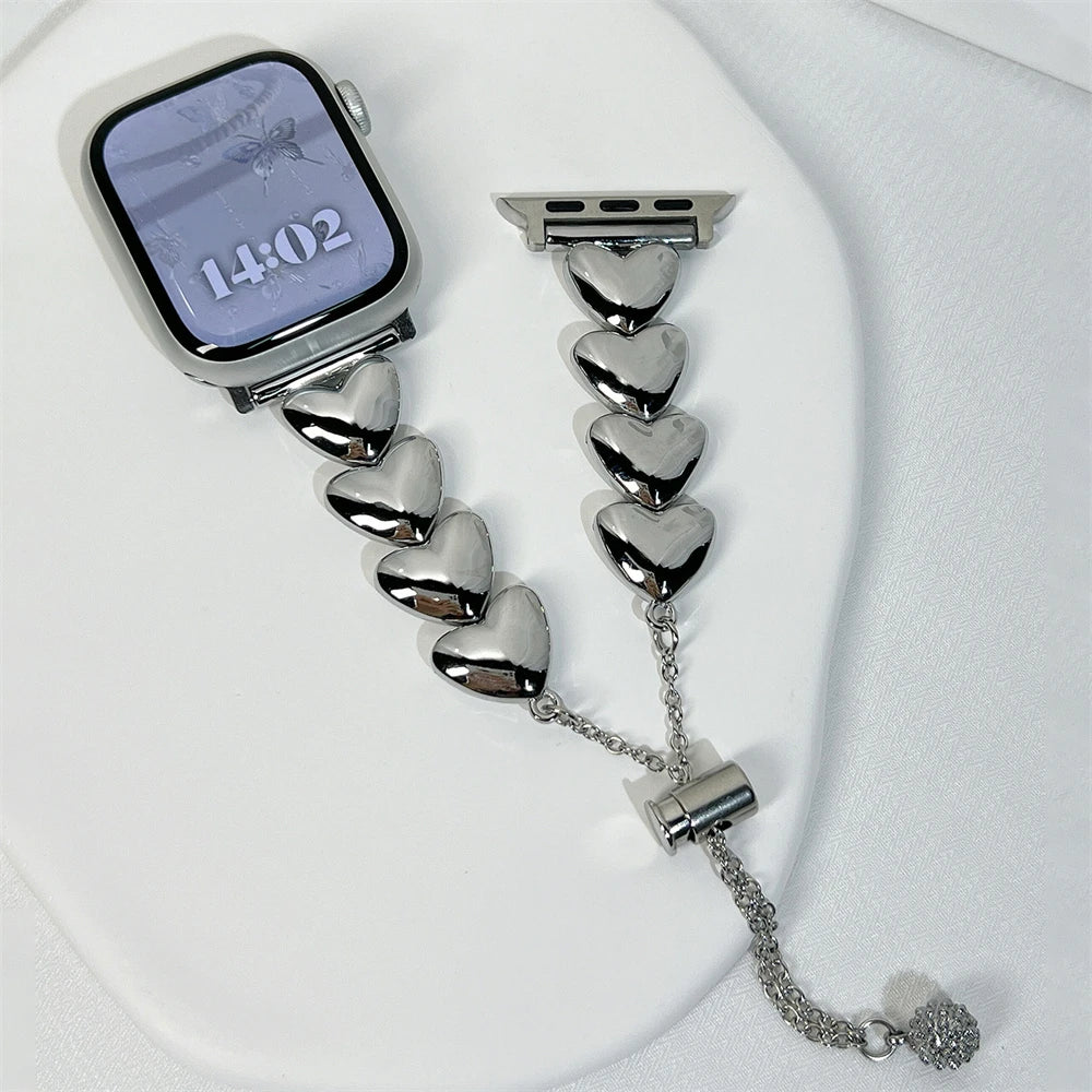 Iwatch Strap Luxury Metal 3D Love Heart Strap For Apple Watch 10 9 8 7 6 SE Stainless Steel Band For iWatch Band 41 45 38mm 40mm 44 42 49